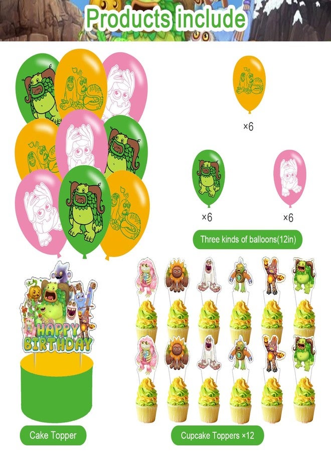 karg Singing Monsters Birthday Decorations,Singing Monsters Party Supplies Include Happy Birthday Banner, Cake Topper and Cupcake Toppers, Balloons for Kids Party Decor - Image 3