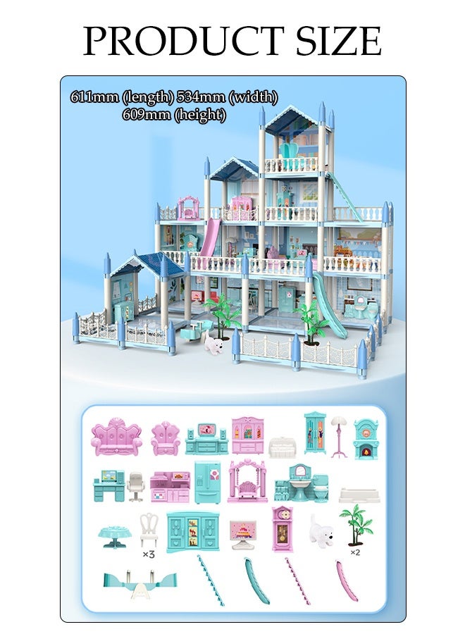 DUNISO 4 Floors Huge Dollhouse Play Set Townhouse Dollhouse for Girls Toddlers Princess Dream Doll House Toys Gift with 14 Rooms 4 Doll with Lights Strips to Assemble Bedroom, Furniture, Garden DIY Pretend Play Doll Housefor Kids 3+ Year Old - Image 4