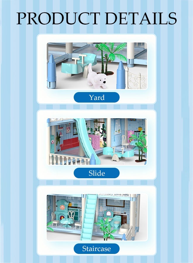 DUNISO 4 Floors Huge Dollhouse Play Set Townhouse Dollhouse for Girls Toddlers Princess Dream Doll House Toys Gift with 14 Rooms 4 Doll with Lights Strips to Assemble Bedroom, Furniture, Garden DIY Pretend Play Doll Housefor Kids 3+ Year Old - Image 5