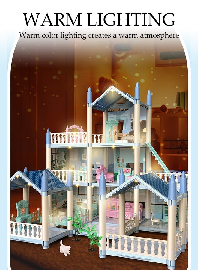 DUNISO 4 Floors Huge Dollhouse Play Set Townhouse Dollhouse for Girls Toddlers Princess Dream Doll House Toys Gift with 14 Rooms 4 Doll with Lights Strips to Assemble Bedroom, Furniture, Garden DIY Pretend Play Doll Housefor Kids 3+ Year Old - Image 3