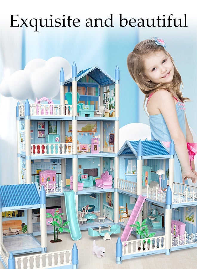 DUNISO 4 Floors Huge Dollhouse Play Set Townhouse Dollhouse for Girls Toddlers Princess Dream Doll House Toys Gift with 14 Rooms 4 Doll with Lights Strips to Assemble Bedroom, Furniture, Garden DIY Pretend Play Doll Housefor Kids 3+ Year Old - Image 2