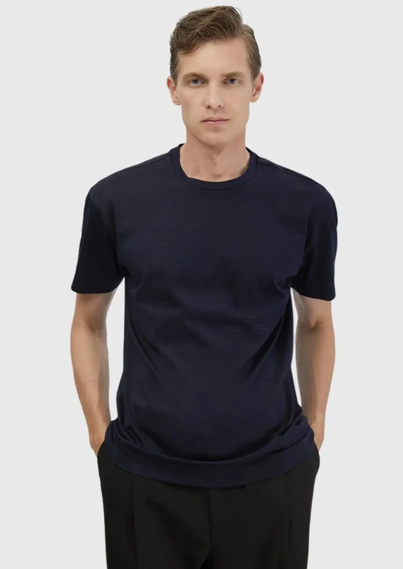 رامسي تيشيرت قطني 100% مخطط باللون الأزرق الداكن برقبة دائرية