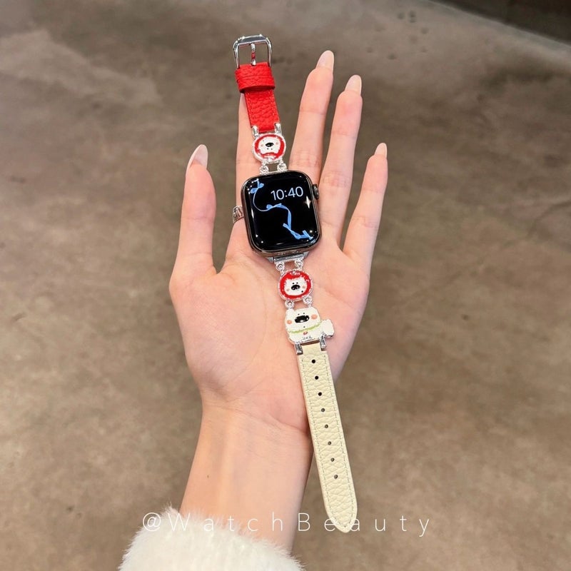 Cute Apple Dog Pattern Two-Tone Leather Strap for Redmi Watch 6/5/4/3/2, Fashion Commuter Style