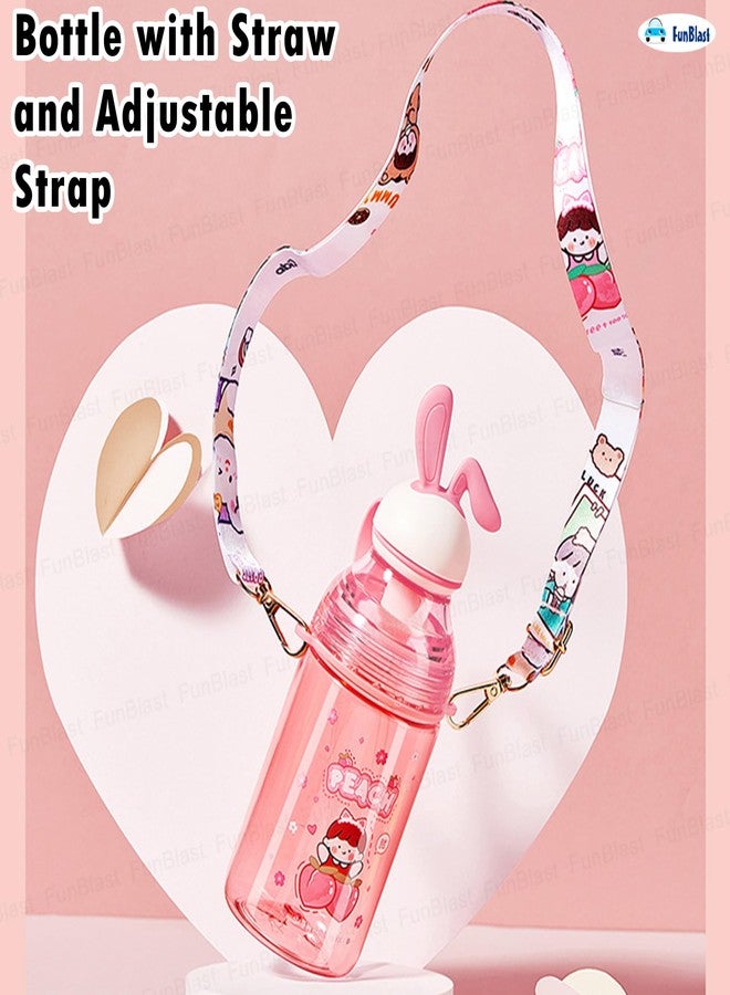 FunBlast Tritan Water Bottle with Straw and Adjustable Strap for Kids – School Sipper Water Bottle for Kids, Cartoon Themed Cute Water Bottle for Boys and Girls (400 ML) (Pink) - Image 2