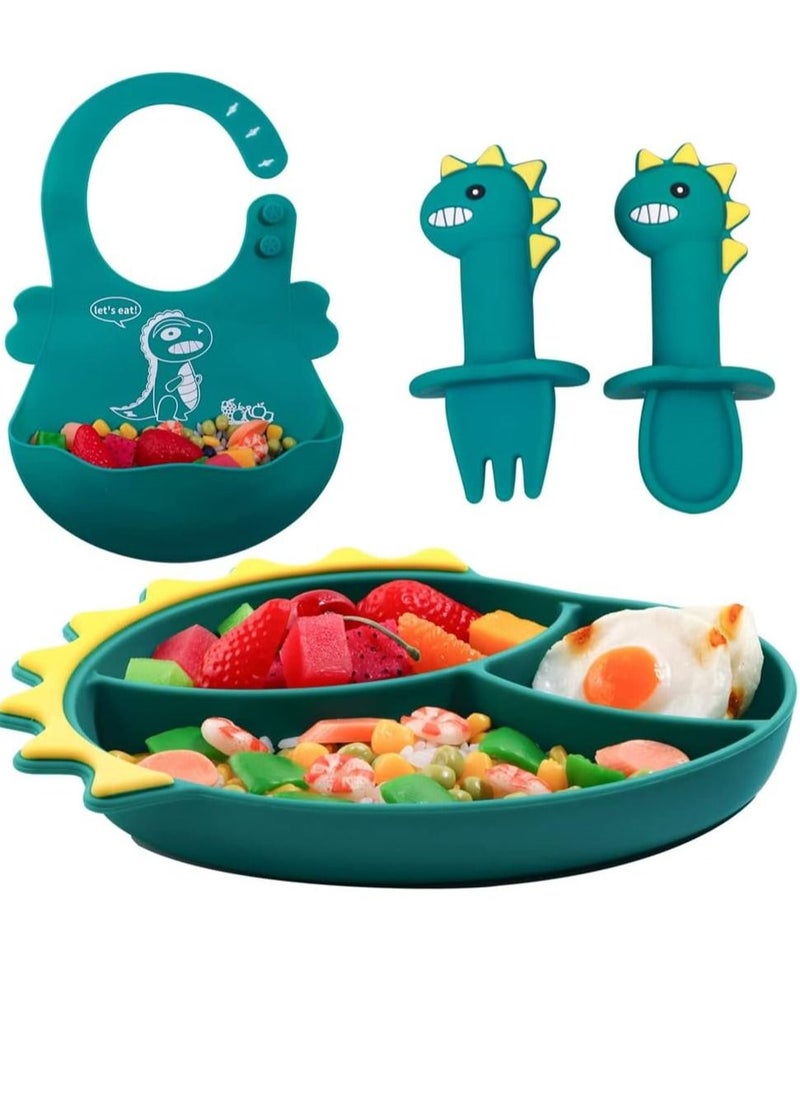 Gonice - Silicone Toddler Plates Set, Suction Plates for Baby with Spoon Fork and Adjustable Bib Set Kids Divided Grip Dish Self Feeding Training Baby Dinner Plate Microwave Dishwasher Safe - Image 1