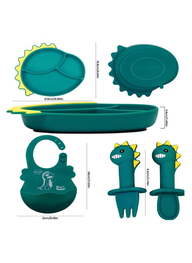 Gonice - Silicone Toddler Plates Set, Suction Plates for Baby with Spoon Fork and Adjustable Bib Set Kids Divided Grip Dish Self Feeding Training Baby Dinner Plate Microwave Dishwasher Safe - Image 1