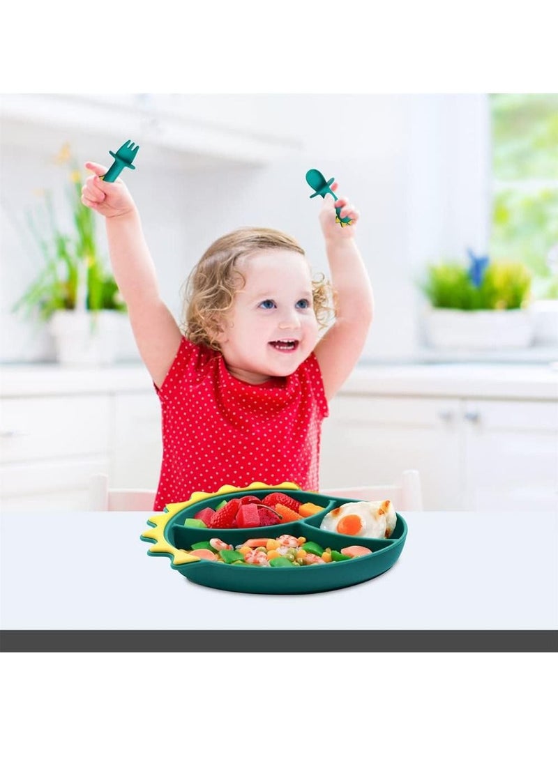 Gonice - Silicone Toddler Plates Set, Suction Plates for Baby with Spoon Fork and Adjustable Bib Set Kids Divided Grip Dish Self Feeding Training Baby Dinner Plate Microwave Dishwasher Safe - Image 1
