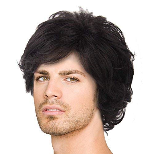 Acecharming Men Black Wig Short Wavy Shaggy Style Layered Wig for Halloween Costumes Cosplay with Wig Cap