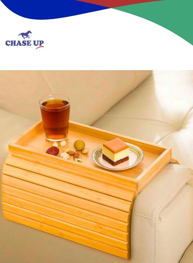 Chase Up Bamboo Sofa Armrest Tray, Foldable Anti-Slip Handcrafted Couch Arm Table for Food,Drinks/Snacks/Phone/Cups/Ipad/Remote Holder, Flexible Side Tables Tambour Tray- 43.4 x 34 cm - Image 1