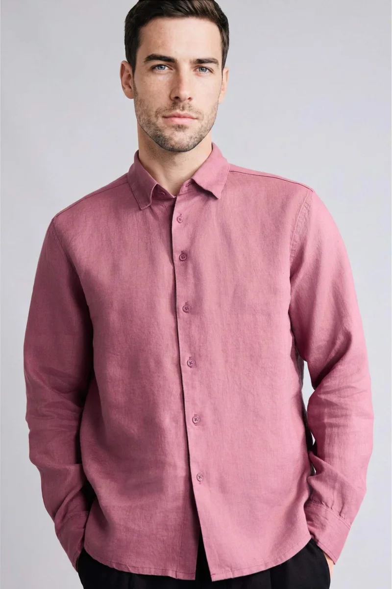 Defacto  Regular Fit Polo Collar Linen Long Sleeve Shirt for Men | Best Price UAE