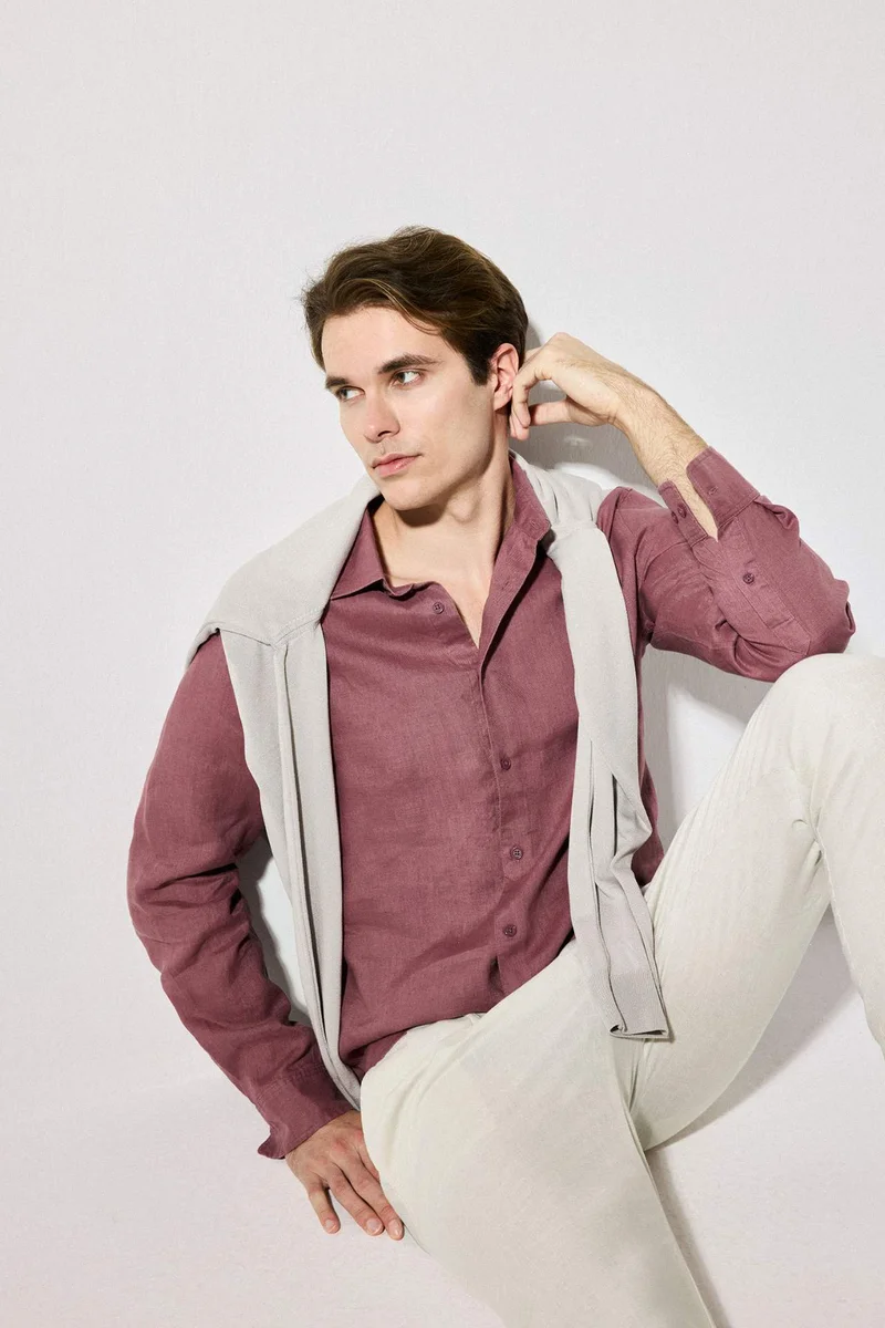 Defacto  Regular Fit Polo Collar Linen Long Sleeve Shirt for Men | Best Price UAE