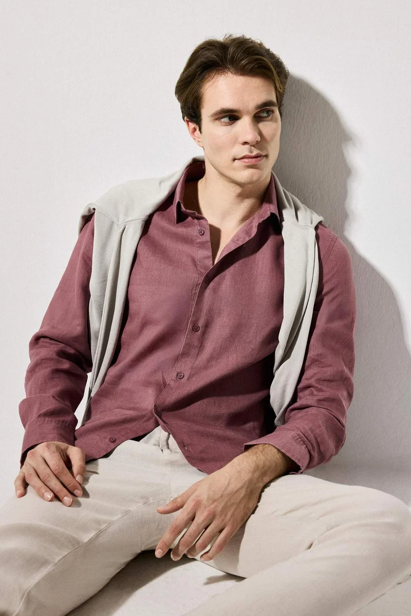 Defacto Regular Fit Polo Collar Linen Long Sleeve Shirt