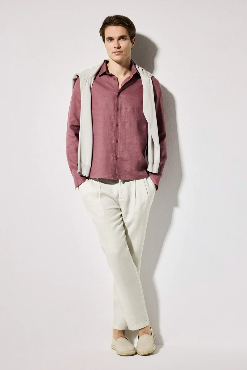 Defacto Regular Fit Polo Collar Linen Long Sleeve Shirt