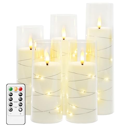 kakoya Flameless LED Candles with Timer 5 Pc Flickering Flameless Candles for Romantic Ambiance and Home Decoration Stable Acrylic Shellwith Embedded Star StringBattery Operated CandlesWhite - Image 1