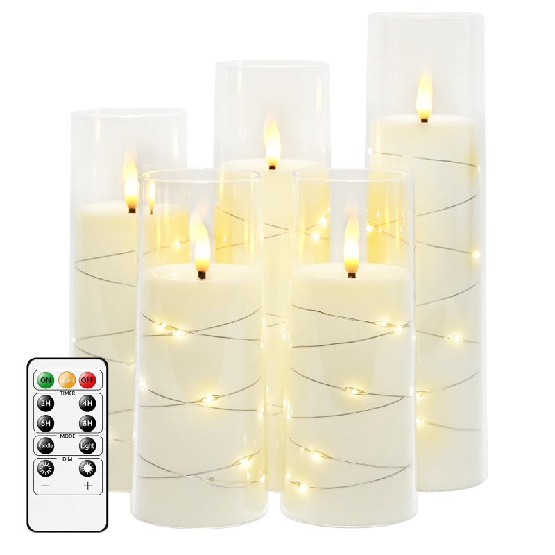 kakoya Flameless LED Candles with Timer 5 Pc Flickering Flameless Candles for Romantic Ambiance and Home Decoration Stable Acrylic Shellwith Embedded Star StringBattery Operated CandlesWhite - Image 2