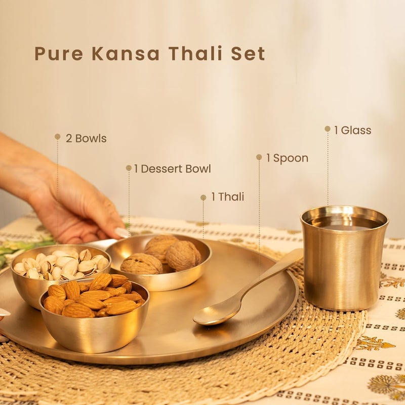 Alluring Homz Pure Kansa 6 Piece Traditional Dinner Thali Set Matte Finish Handcrafted Authentic Indian Dining Collection- Bronze Dinner Set(1 Thali 11.5" inch,2 Bowls,1Dessert Bowl, 1Spoon,1Tumbler) - Image 2