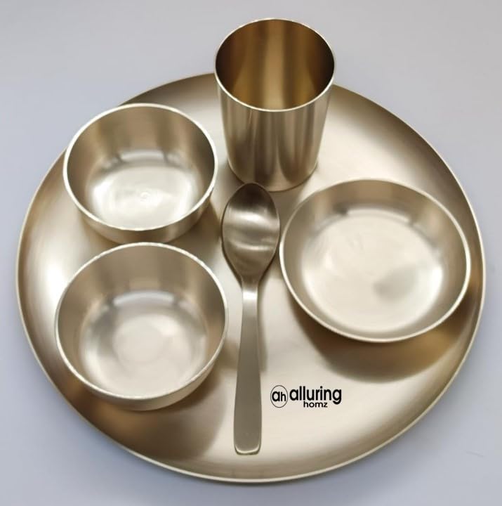 Alluring Homz Pure Kansa 6 Piece Traditional Dinner Thali Set Matte Finish Handcrafted Authentic Indian Dining Collection- Bronze Dinner Set(1 Thali 11.5" inch,2 Bowls,1Dessert Bowl, 1Spoon,1Tumbler) - Image 1