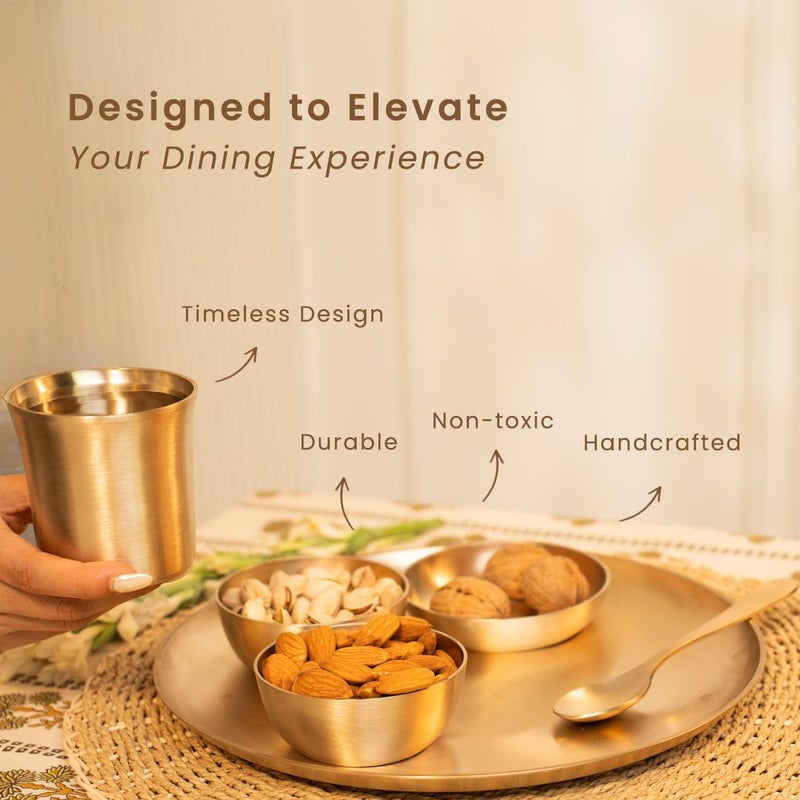 Alluring Homz Pure Kansa 6 Piece Traditional Dinner Thali Set Matte Finish Handcrafted Authentic Indian Dining Collection- Bronze Dinner Set(1 Thali 11.5" inch,2 Bowls,1Dessert Bowl, 1Spoon,1Tumbler) - Image 4