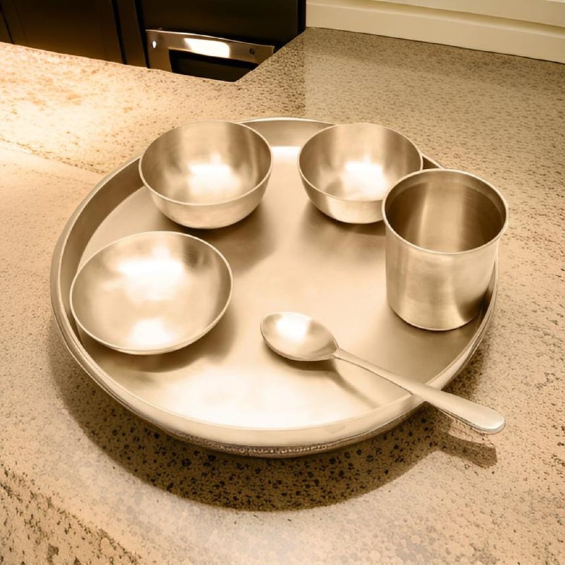Alluring Homz Pure Kansa 6 Piece Traditional Dinner Thali Set Matte Finish Handcrafted Authentic Indian Dining Collection- Bronze Dinner Set(1 Thali 11.5" inch,2 Bowls,1Dessert Bowl, 1Spoon,1Tumbler) - Image 3