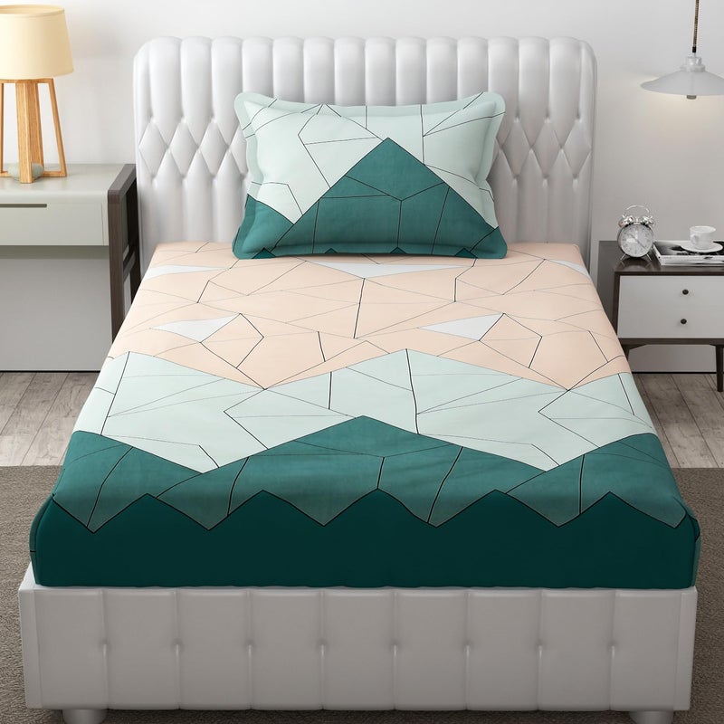 FRESH FROM LOOM Single Size Microfiber Bedsheet Set Printed Hypoallergenic Wrinkle Free with 1 Pillow Covers 60x90 Inches Beige Green 144 TC - Image 1