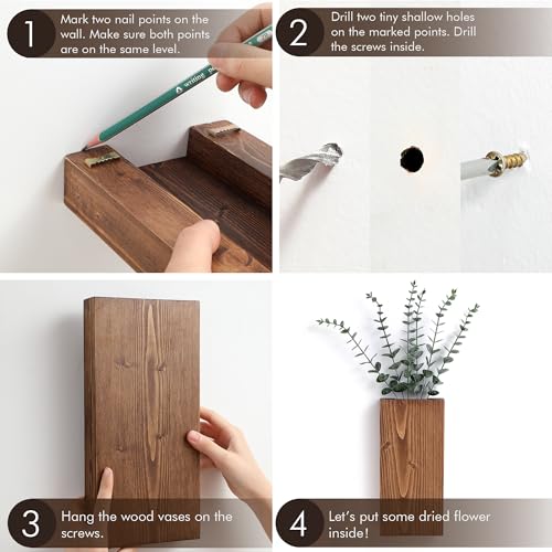 GRID FORTE Wood Wall Planter Set of 2, Wood Wall Pocket for Greenery and Dried Flowers, Indoor Hanging Vase, Modern Farmhouse Wall Decor for Living Room Bedroom Office Eucalyptus Stems Decorations (Walnut) - Image 4