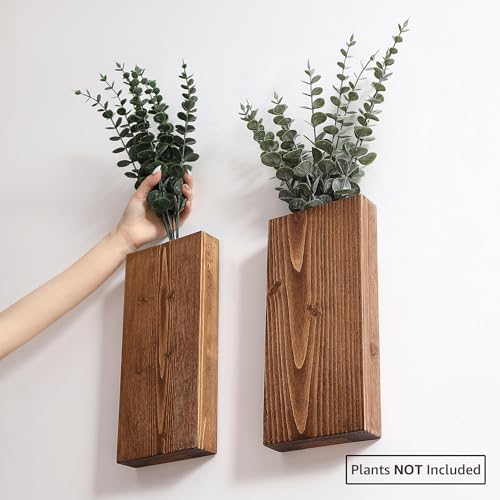 GRID FORTE Wood Wall Planter Set of 2, Wood Wall Pocket for Greenery and Dried Flowers, Indoor Hanging Vase, Modern Farmhouse Wall Decor for Living Room Bedroom Office Eucalyptus Stems Decorations (Walnut) - Image 5