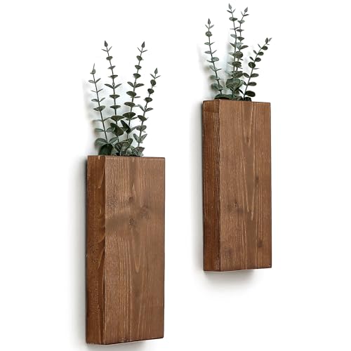 GRID FORTE Wood Wall Planter Set of 2, Wood Wall Pocket for Greenery and Dried Flowers, Indoor Hanging Vase, Modern Farmhouse Wall Decor for Living Room Bedroom Office Eucalyptus Stems Decorations (Walnut) - Image 1