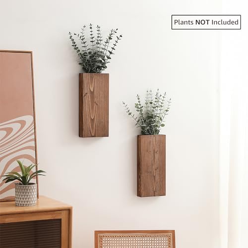 GRID FORTE Wood Wall Planter Set of 2, Wood Wall Pocket for Greenery and Dried Flowers, Indoor Hanging Vase, Modern Farmhouse Wall Decor for Living Room Bedroom Office Eucalyptus Stems Decorations (Walnut) - Image 2