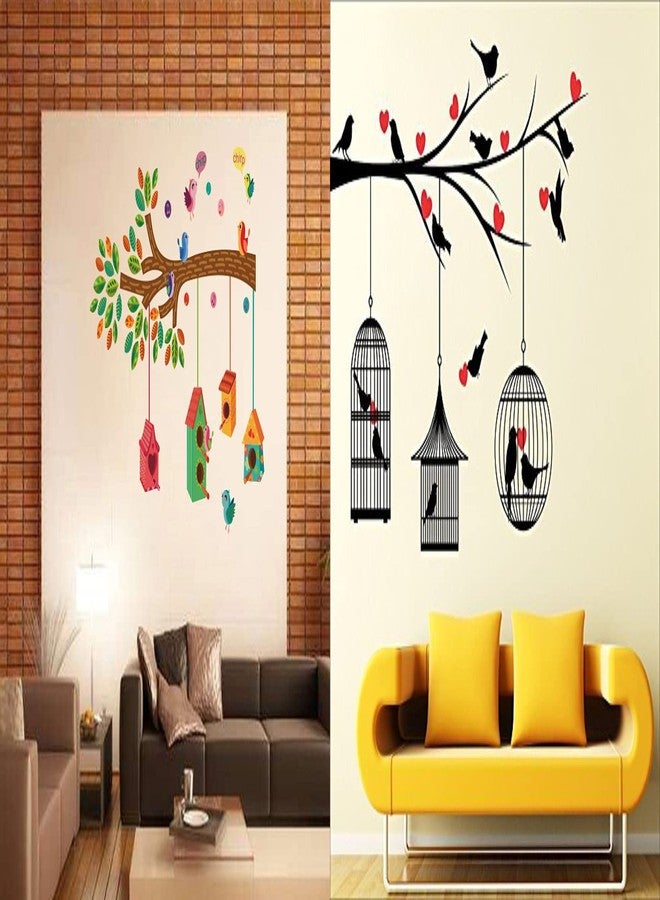 Walltech Set of 2 Wall Sticker Bird House On A Branch and Love Birds with Hearts Wall Sticker - Image 1