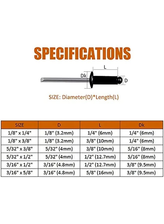 180pcs Aluminum Black Blind Rivets 6 Sizes Pop Rivets Assortment Kit 1 8 3 16 5 32 Inch - Image 4