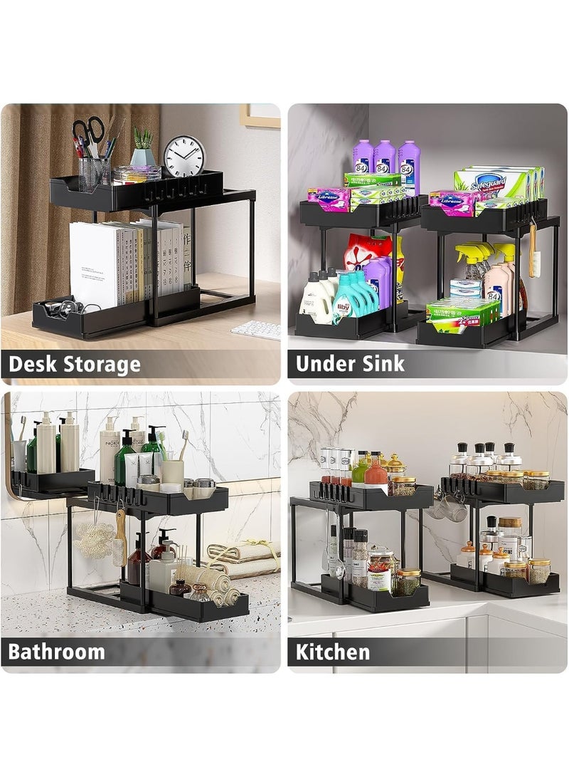 Arabest 2 Tier Kitchen Under Sink Organizer - Pull Out Shelf with 4 Hooks and 1 Basket for Efficient and Tidy Storage - Black - Image 5