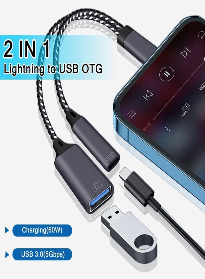 AKWOR محول USB 3.0 OTG لجهاز iPhone لتوصيل فلاش درايفر، محول كاميرا USB متوافق مع iPhone و iPad، محول USB OTG 2 في 1 مع منفذ شحن لتوصيل الكاميرا، قارئ بطاقات، فلاش درايفر USB، لوحة مفاتيح - Image 2