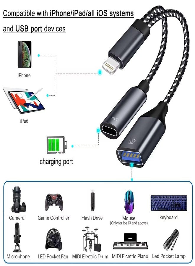 AKWOR محول USB 3.0 OTG لجهاز iPhone لتوصيل فلاش درايفر، محول كاميرا USB متوافق مع iPhone و iPad، محول USB OTG 2 في 1 مع منفذ شحن لتوصيل الكاميرا، قارئ بطاقات، فلاش درايفر USB، لوحة مفاتيح - Image 3