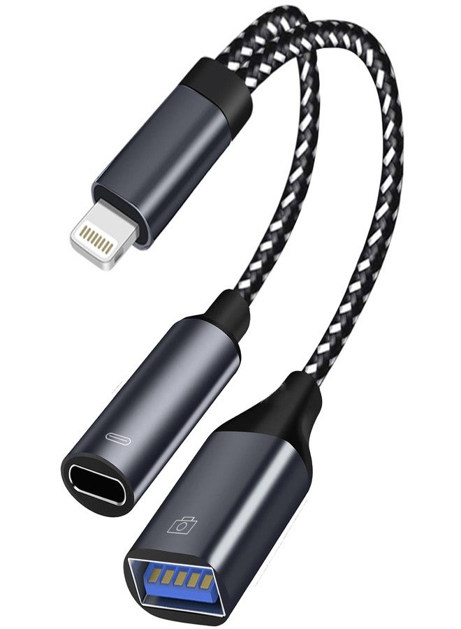 AKWOR محول USB 3.0 OTG لجهاز iPhone لتوصيل فلاش درايفر، محول كاميرا USB متوافق مع iPhone و iPad، محول USB OTG 2 في 1 مع منفذ شحن لتوصيل الكاميرا، قارئ بطاقات، فلاش درايفر USB، لوحة مفاتيح - Image 1