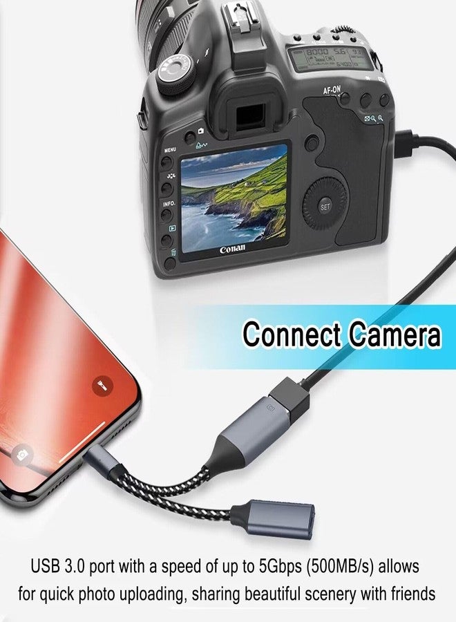 AKWOR محول USB 3.0 OTG لجهاز iPhone لتوصيل فلاش درايفر، محول كاميرا USB متوافق مع iPhone و iPad، محول USB OTG 2 في 1 مع منفذ شحن لتوصيل الكاميرا، قارئ بطاقات، فلاش درايفر USB، لوحة مفاتيح - Image 4