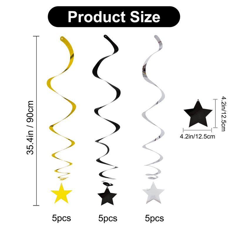 BEISHIDA Black Gold Silver Star Hanging Swirl Decorations,Graduation Birthday Hanging Party Supplies for Graduation Wedding Baby Shower Birthday Decorations,Pack of 15 - Image 3
