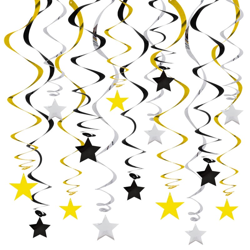 BEISHIDA Black Gold Silver Star Hanging Swirl Decorations,Graduation Birthday Hanging Party Supplies for Graduation Wedding Baby Shower Birthday Decorations,Pack of 15 - Image 1