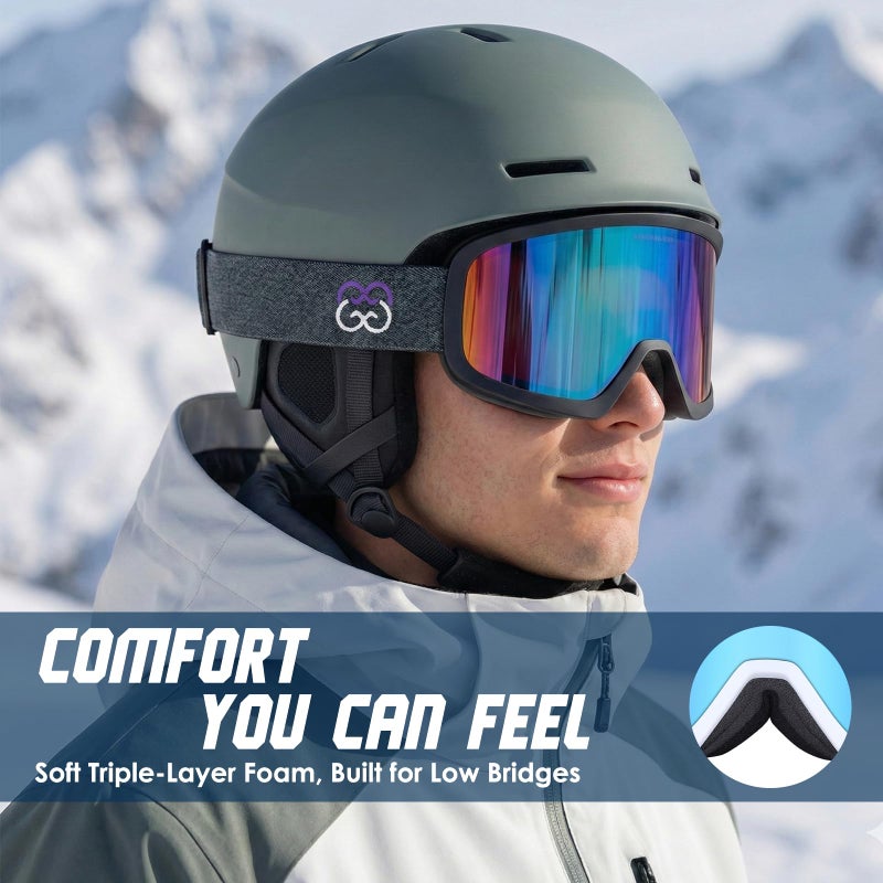 GoLight Asian Fit Ski Goggles for Men & Women â€“ Low Bridge Fit, Anti-Fog Double Cylindrical REVO Lens, UV400 Protection, Triple-Layer Foam Nose Pad, Adjustable Anti-Slip Strap, Helmet Compatible - Image 2