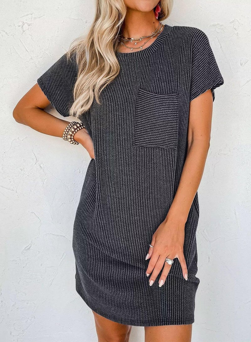 Acelitt Womens Casual Summer Dress 2025 Fashion Crewneck Short Sleeve Trendy Loose Vacation Beach Ribbed Shift Shirt Mini Dresses Black Large - Image 2
