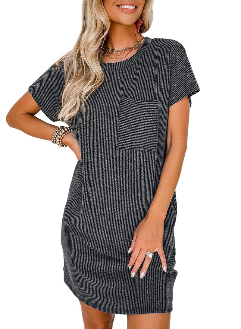 Acelitt Womens Casual Summer Dress 2025 Fashion Crewneck Short Sleeve Trendy Loose Vacation Beach Ribbed Shift Shirt Mini Dresses Black Large - Image 1