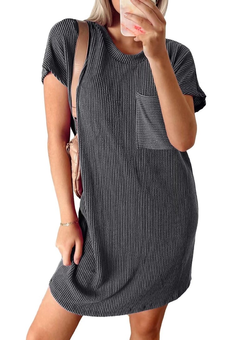 Acelitt Womens Casual Summer Dress 2025 Fashion Crewneck Short Sleeve Trendy Loose Vacation Beach Ribbed Shift Shirt Mini Dresses Black Large - Image 3