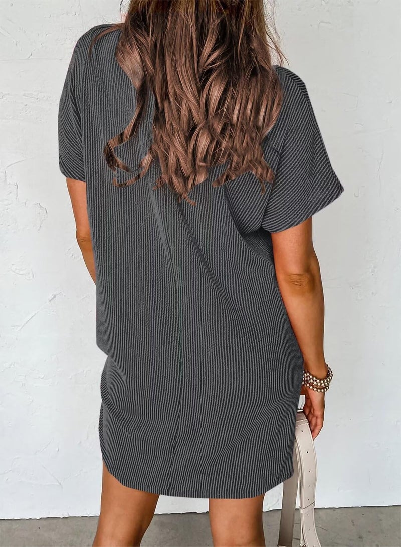 Acelitt Womens Casual Summer Dress 2025 Fashion Crewneck Short Sleeve Trendy Loose Vacation Beach Ribbed Shift Shirt Mini Dresses Black Large - Image 5