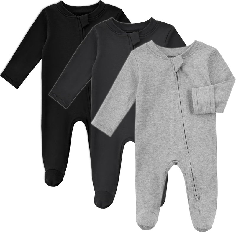 Aablexema Baby Organic Cotton Pajamas 2 Way Zipper Preemie Newborn One Piece Outfit Long Sleeve Footed Sleepwear(Black Grey Set,Preemie) - Image 1