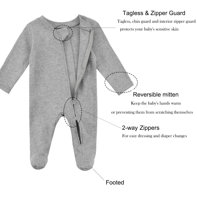Aablexema Baby Organic Cotton Pajamas 2 Way Zipper Preemie Newborn One Piece Outfit Long Sleeve Footed Sleepwear(Black Grey Set,Preemie) - Image 4