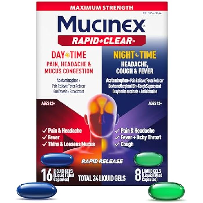 Mucinex Rapid Clear Maximum Strength Day & Night Cold and Flu Medicine for Adults, Over-The-Counter Medication for Headache Relief, Mucus Congestion, & Cough, Rapid Release Liquid Gels, 24 Count - Image 1