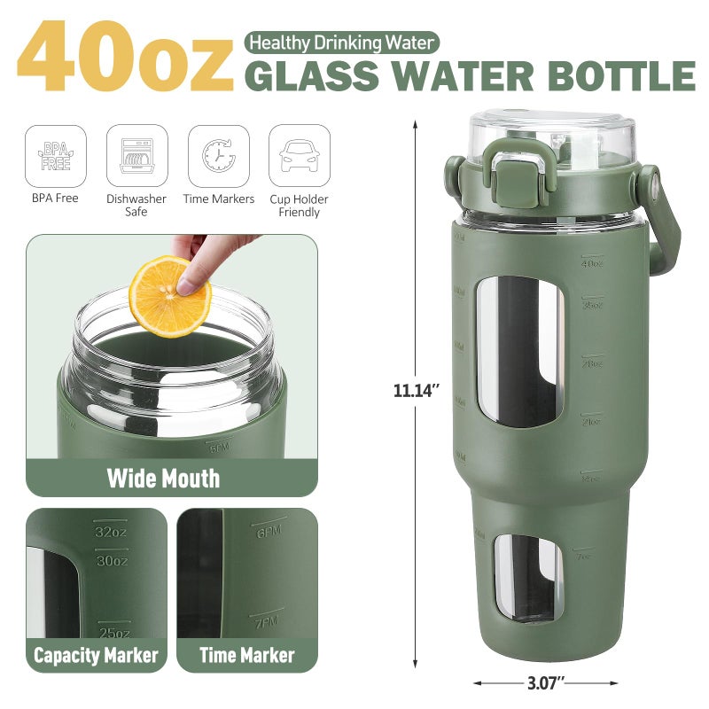 BLUEGO 40 oz Glass Water Bottles with Straw Time Marker  Glass Tumbler with Handle Top Lids  Easy to Clean  Fits in Car Cup Holder  Leakproof Jug for Gym  Sports  Workout & Daily  02 Olive - Image 1
