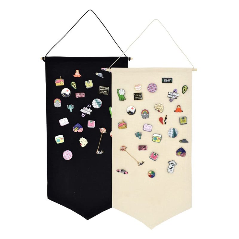 Wall Hanging Brooch Jewelry Storage Case Canvas Display Stand Enamel Pin Display Banner Holder Earrings Necklace Glitter Pin Collection Organizer BlackBurlywood