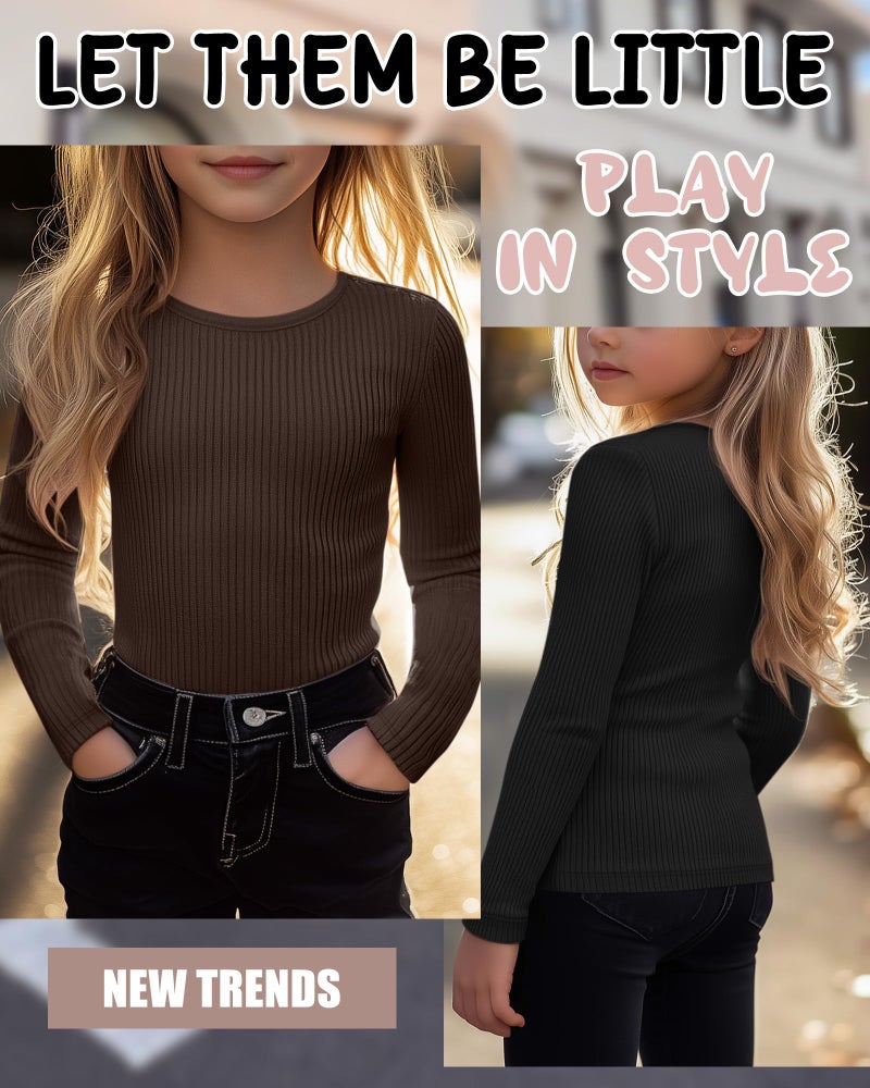 LessonZoo 4 Pack Girls Long Sleeve Shirts Ribbed Knit Cotton Crewneck Tops Slim Fit Soft Casual Kids Base Layer Undershirts(Black, Brown, Cookie, Cream,7-8 Years) - Image 5