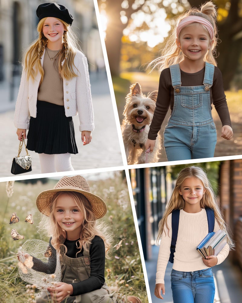 LessonZoo 4 Pack Girls Long Sleeve Shirts Ribbed Knit Cotton Crewneck Tops Slim Fit Soft Casual Kids Base Layer Undershirts(Black, Brown, Cookie, Cream,7-8 Years) - Image 2
