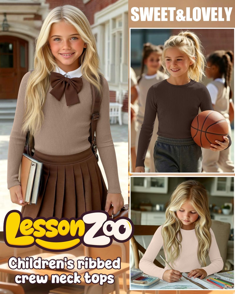 LessonZoo 4 Pack Girls Long Sleeve Shirts Ribbed Knit Cotton Crewneck Tops Slim Fit Soft Casual Kids Base Layer Undershirts(Black, Brown, Cookie, Cream,7-8 Years) - Image 4